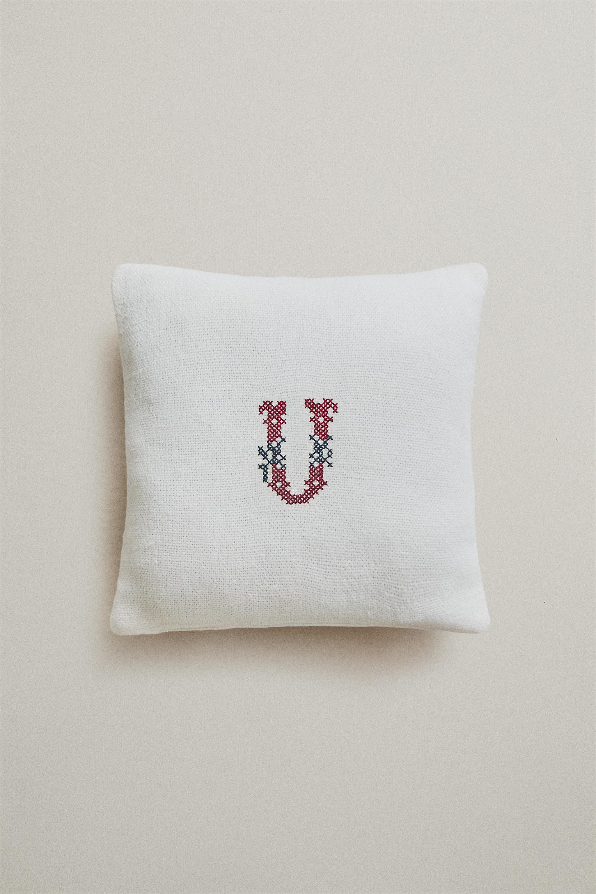 LETTER U EMBROIDERED LINEN CUSHION