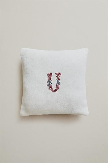 LETTER U EMBROIDERED LINEN CUSHION — Ecru 1