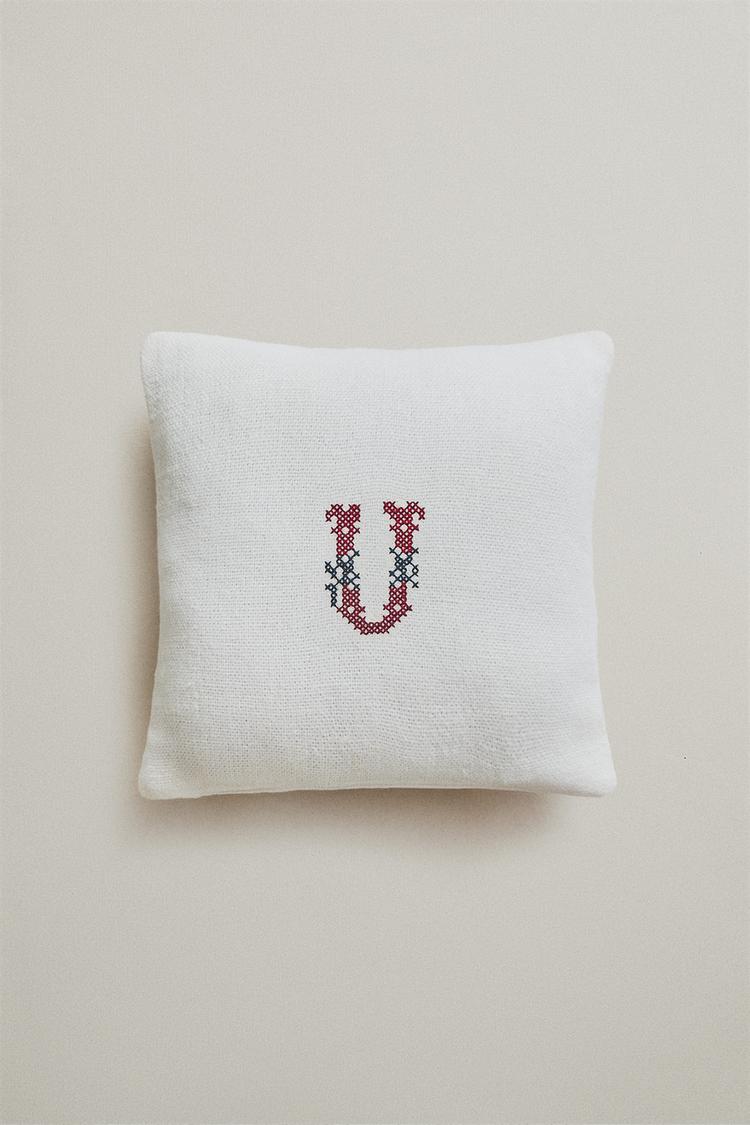 LETTER U EMBROIDERED LINEN CUSHION — Ecru