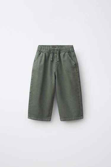 Zara LOOSE TIE-WAIST TWILL PANTS - Green