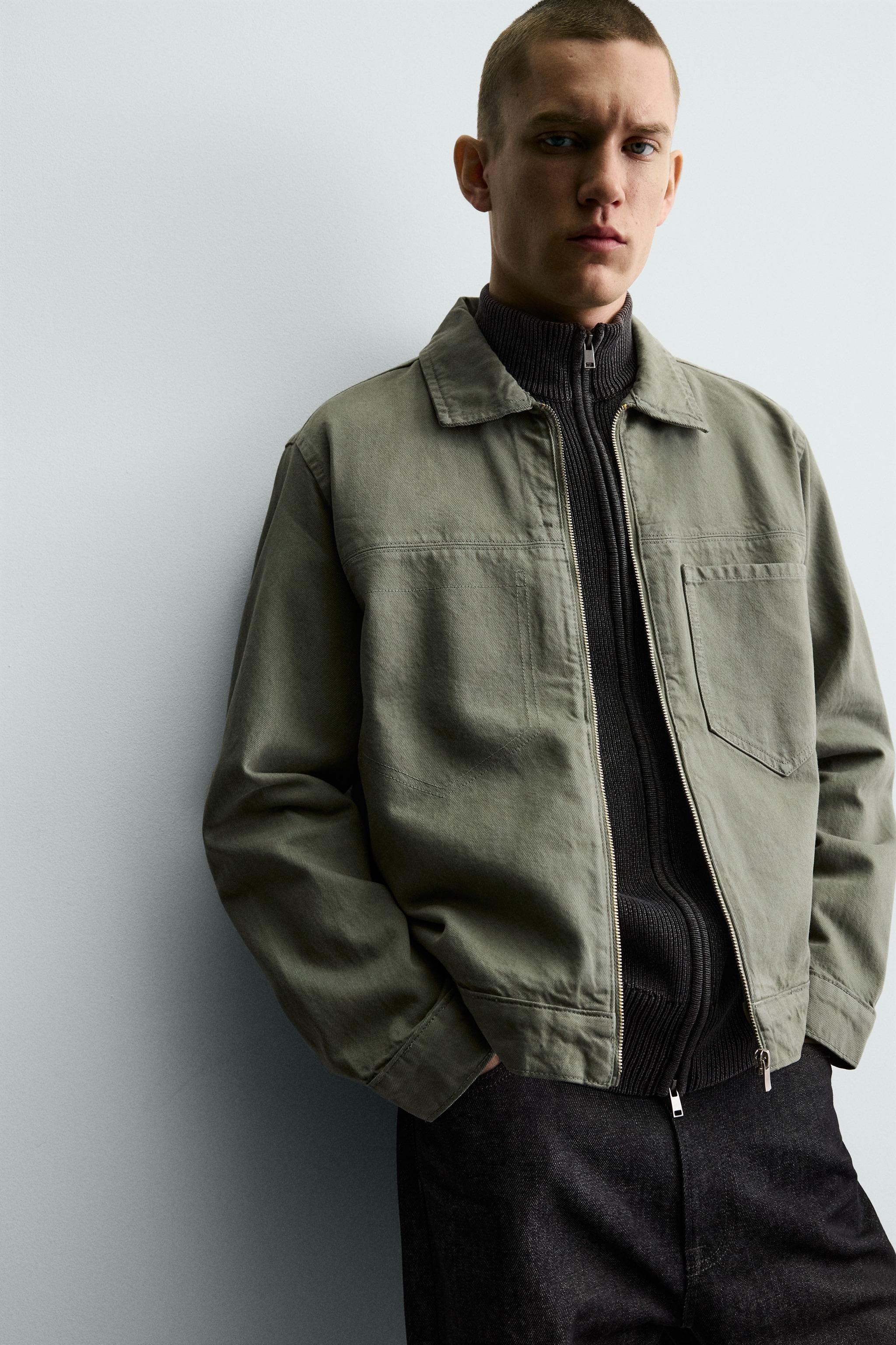 ウォッシュ加工ジップアップシャツジャケット - グレーグリーン | ZARA 
