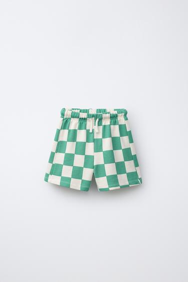 Zara CHECKERBOARD SHORTS - Ecru / Green