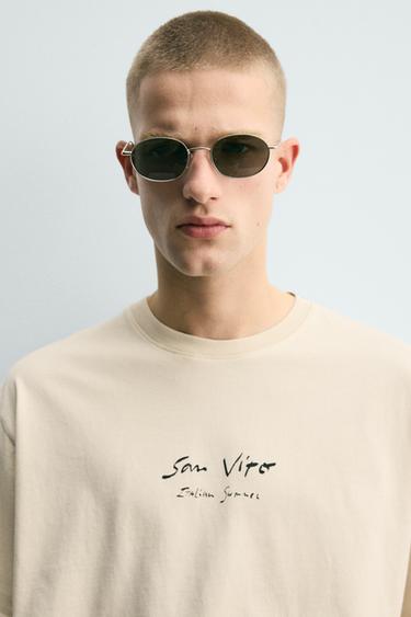 Zara TEXT PRINT T-SHIRT - Ecru / Beige