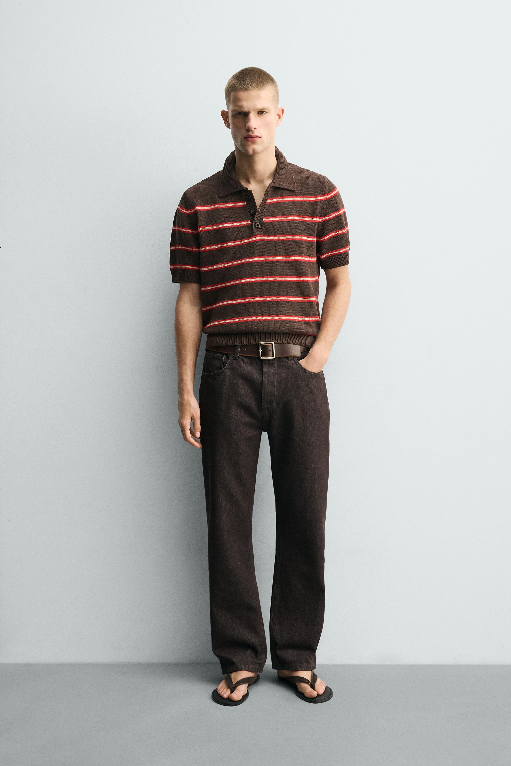 ストライプ柄ジャカードニットポロシャツ - ブラウン | ZARA Japan / 日本