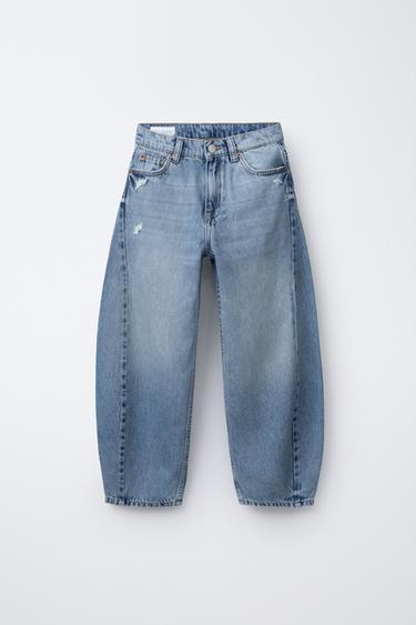 Zara 剪洞桶形牛仔褲 - 淡藍色