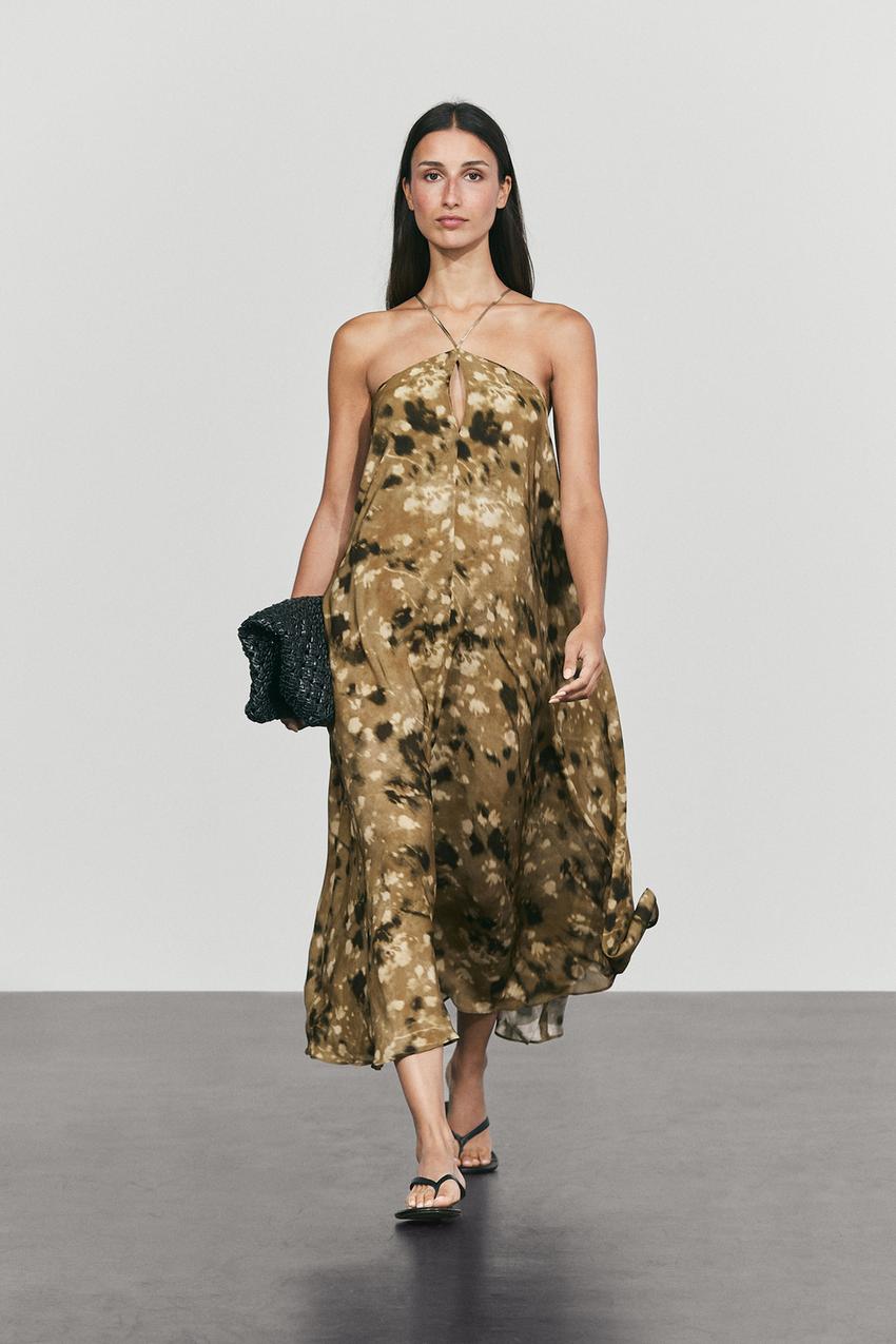 Floral print flowing midi dress - Mid-camel