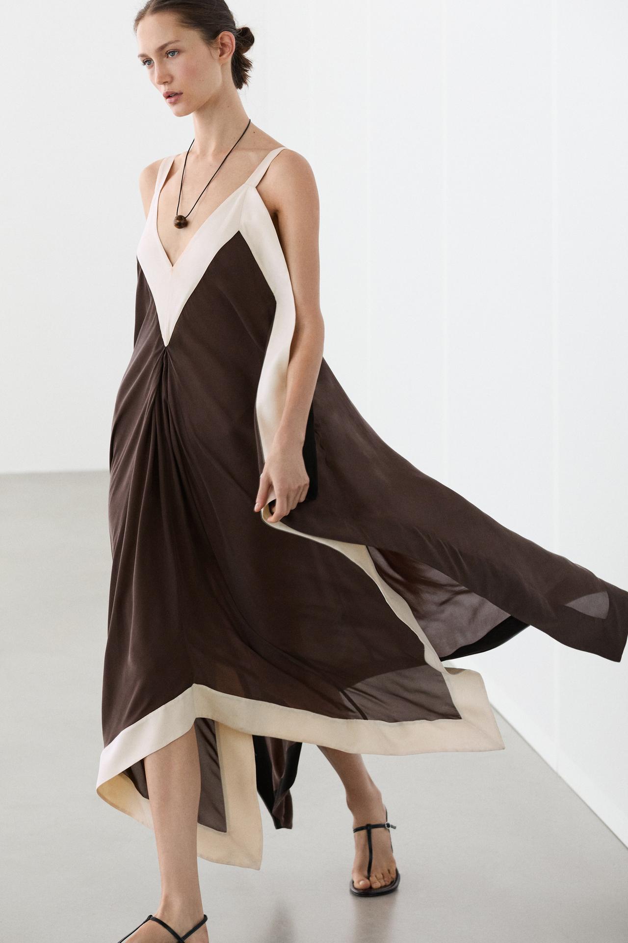 Flowing midi dress with contrast trim detail — Brown