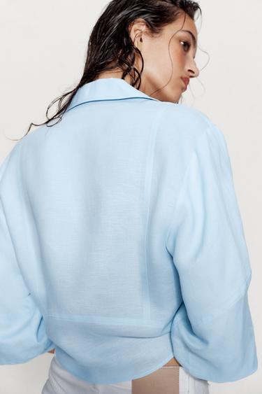 CHEMISE À MANCHES BOUFFANTES ET LIN - Bleu ciel de Zara - Image 4