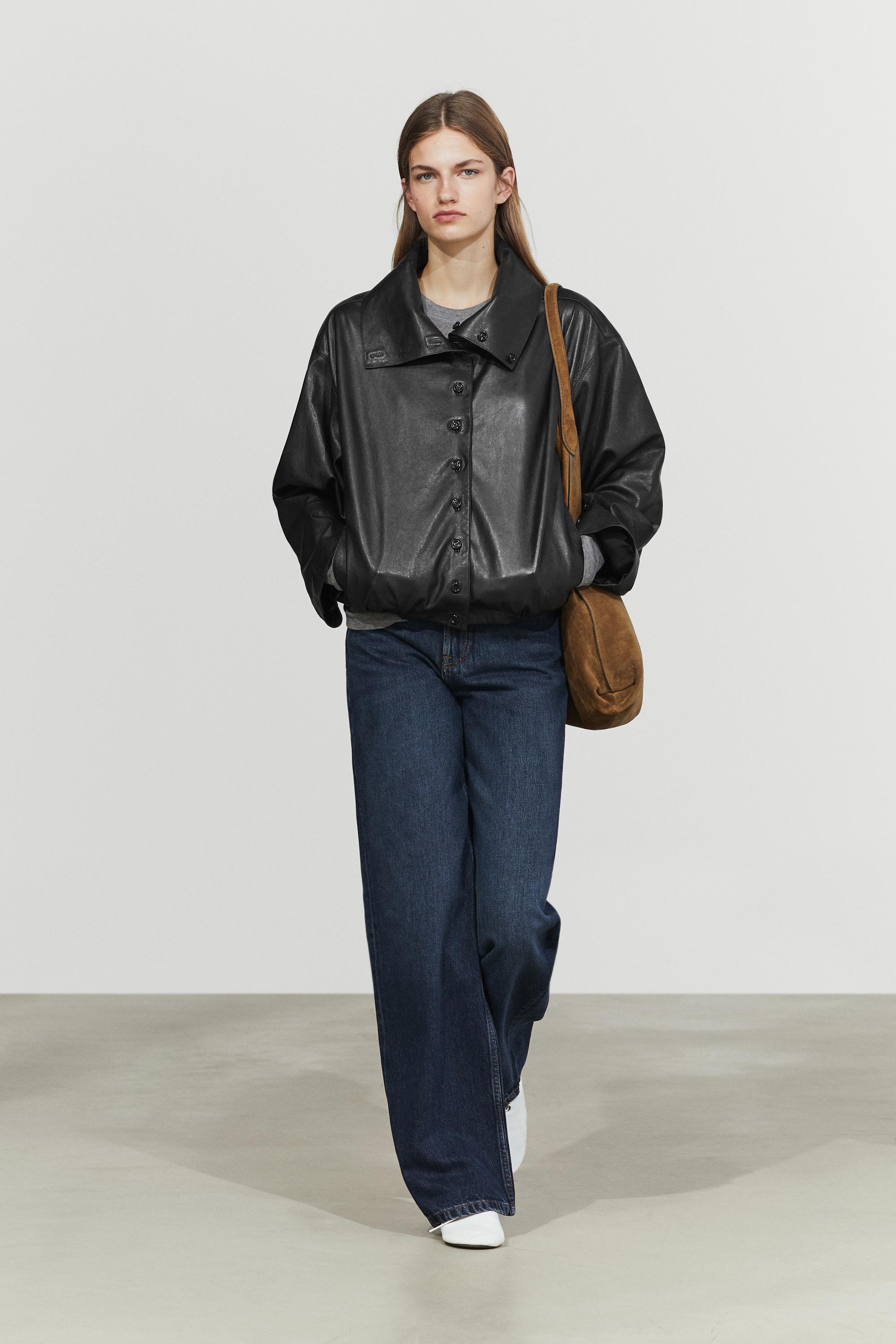 Nappa leather bomber jacket with button detail