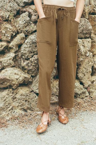 RUSTIC TROUSERS WITH ELASTIC WAIST - Brown by Zara