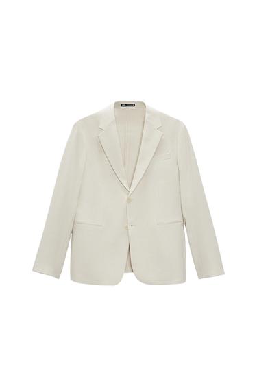 White suit jacket with notch lapels and two front buttons. Side pockets and one chest pocket. White background.
