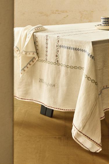 CROSS STITCH LINEN TABLECLOTH - Ecru by Zara