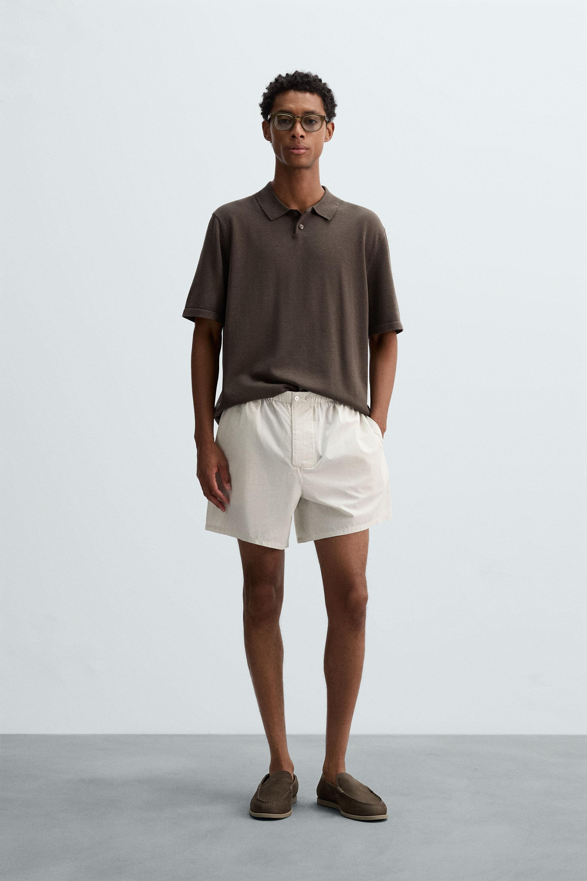 STRIPED COTTON-HEMP BERMUDA SHORTS