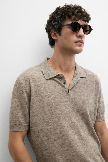 Zara 100% linen melange polo shirt - Ecru / Khaki