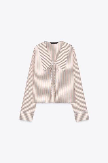CAMISA POPELÍN RAYAS CUELLO BOBO - marron/blanco de Zara