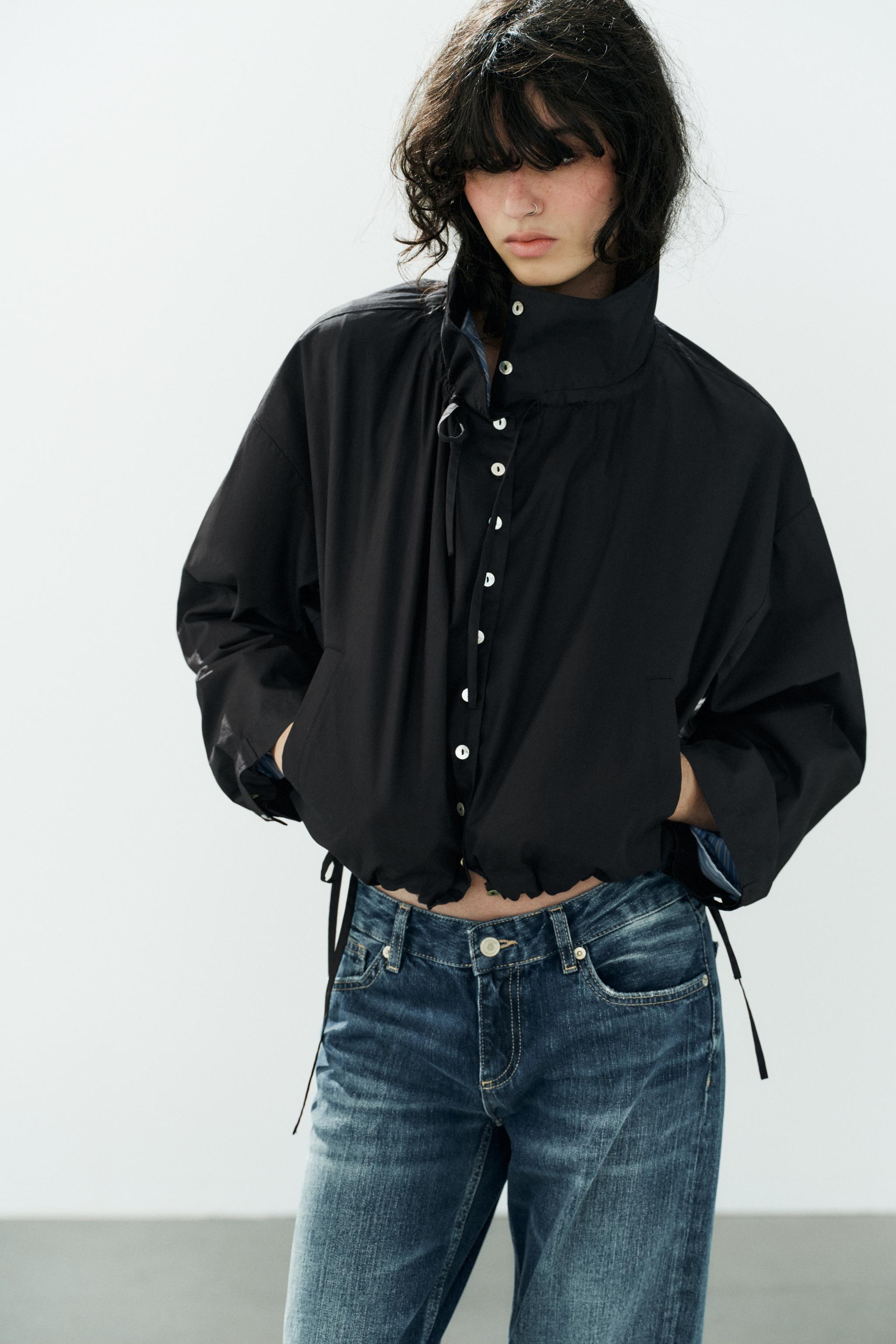 COTTON TIE-DETAIL JACKET — Black