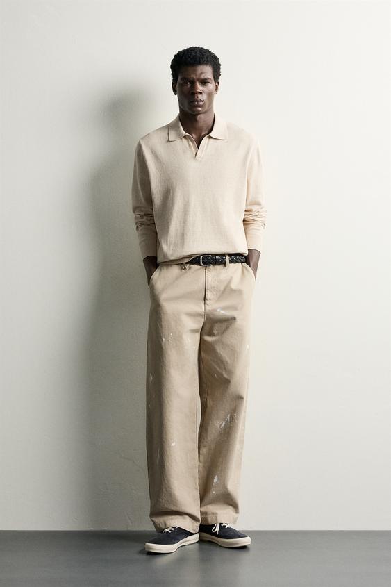 Cotton-blend knit polo shirt, regular fit - Ecru by Zara - Image 0