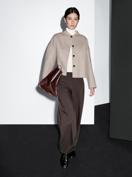 Short wool blend coat with high collar