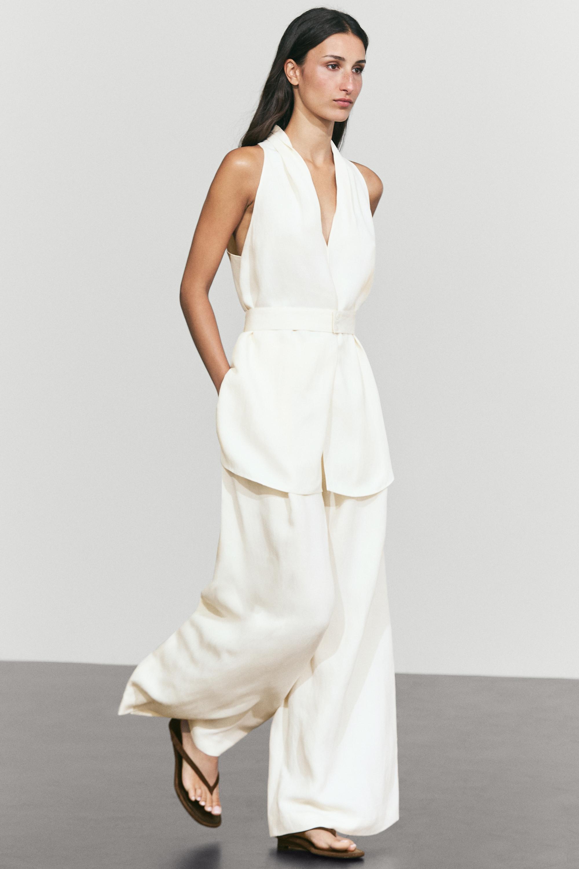 Flowing linen blend vest with belt detail