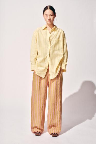 Zara 條紋寬鬆版府綢襯衫 - 黃色