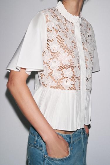 Zara ZW COLLECTION EMBROIDERED PEPLUM SHIRT - White