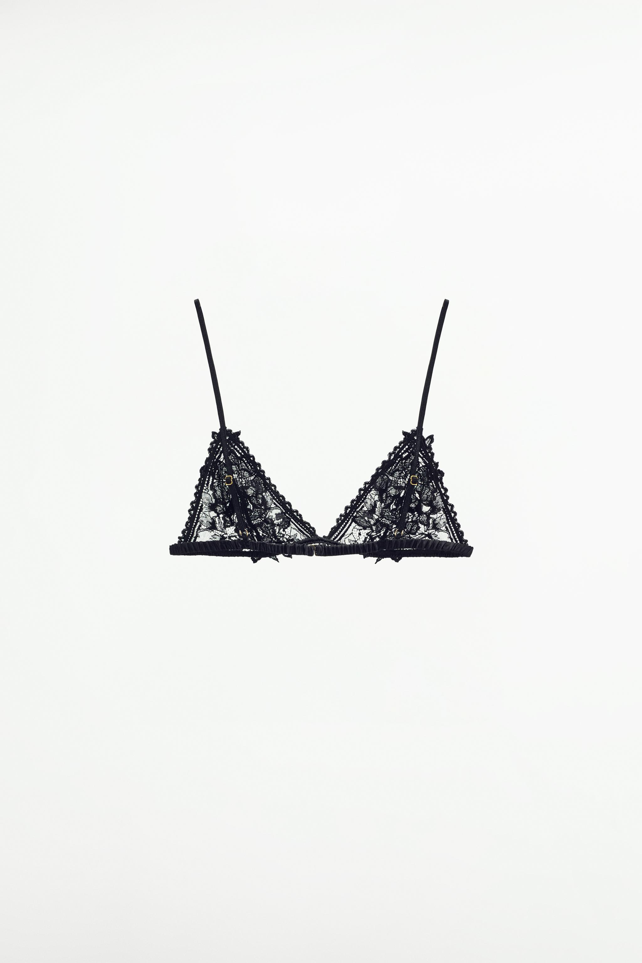 Front Clasp Embroidered Triangle Bralette - Black Mesh