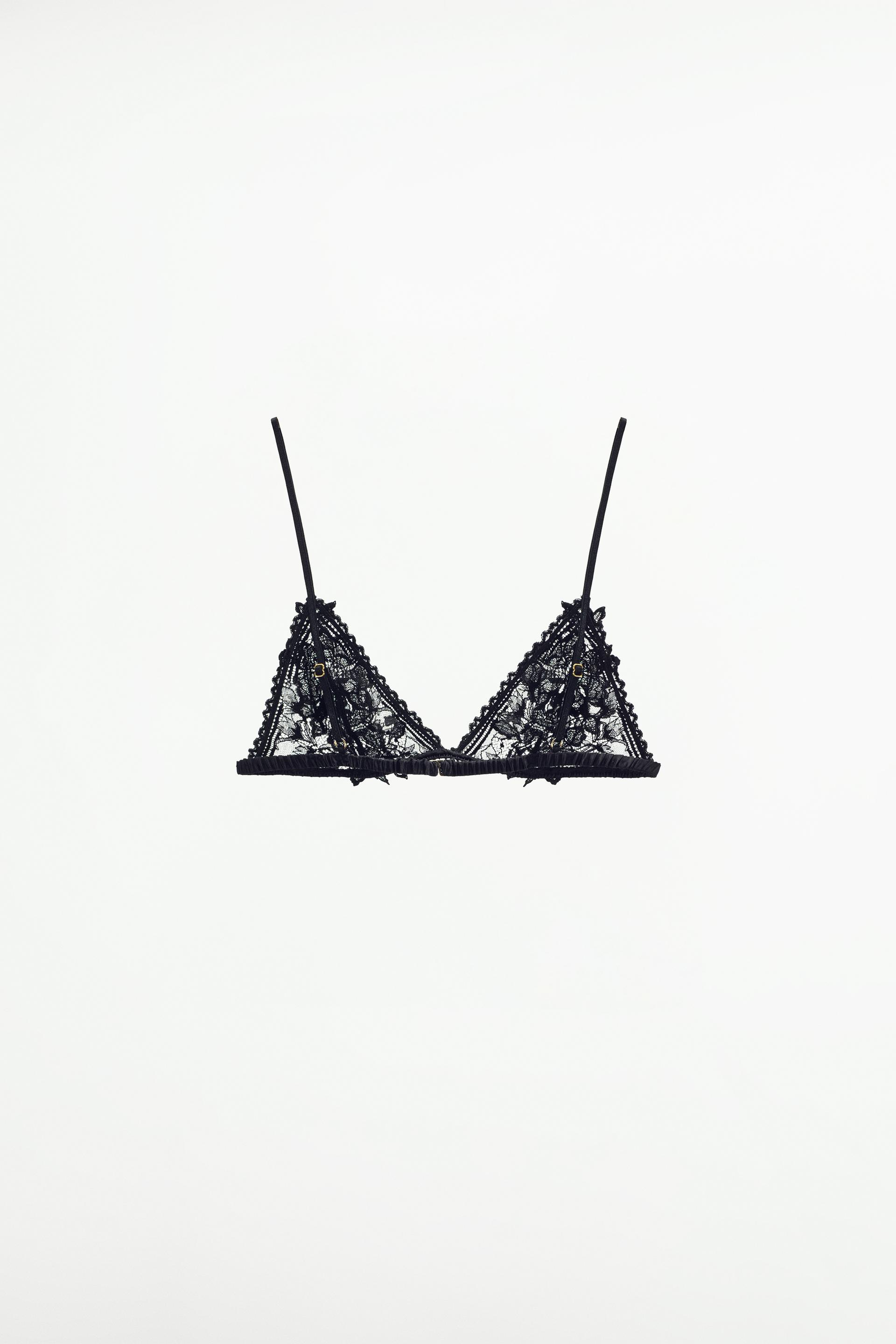 Triangle bralette with lace fabric. Lace trim. Adjustable thin straps. Back  hook closure. - Black