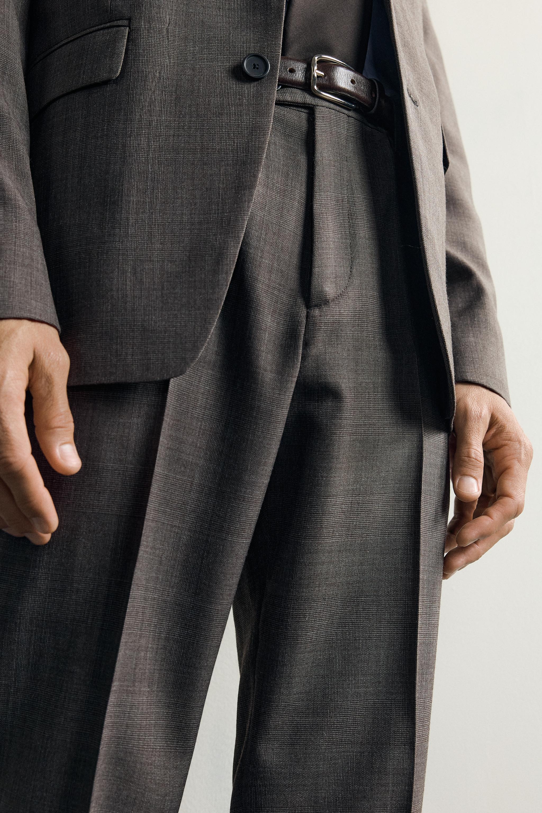 WOOL-BLEND PLAID PLEATED SUIT PANTS