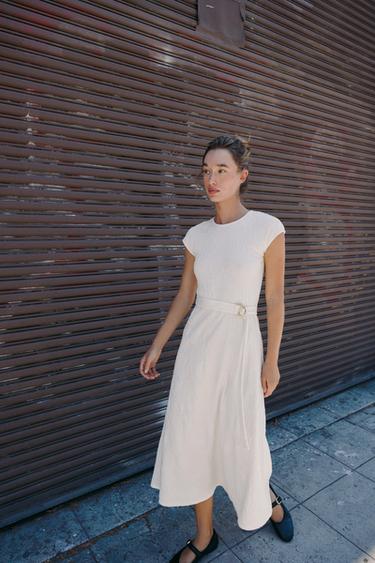JACQUARD DRESS WITH BELT - Ecru by Zara