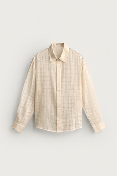 LINEN/COTTON CHECKED JACQUARD RELAXED FIT SHIRT - Ecru by Zara