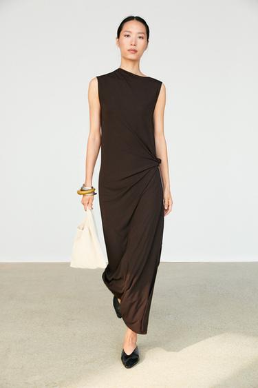 Zara Asymmetric ruched midi dress - Brown - Image 0