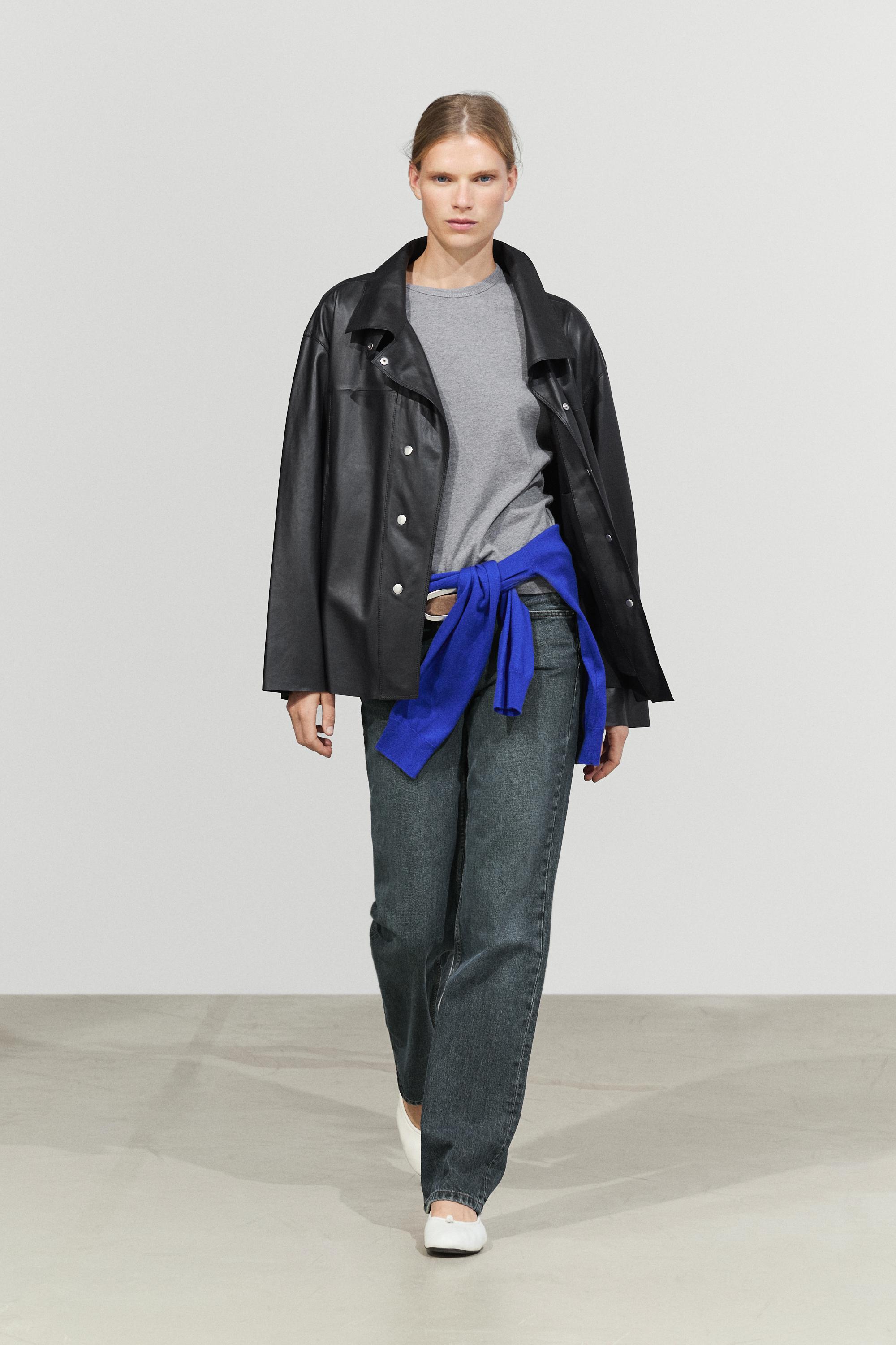 Leather button-detail jacket — Black