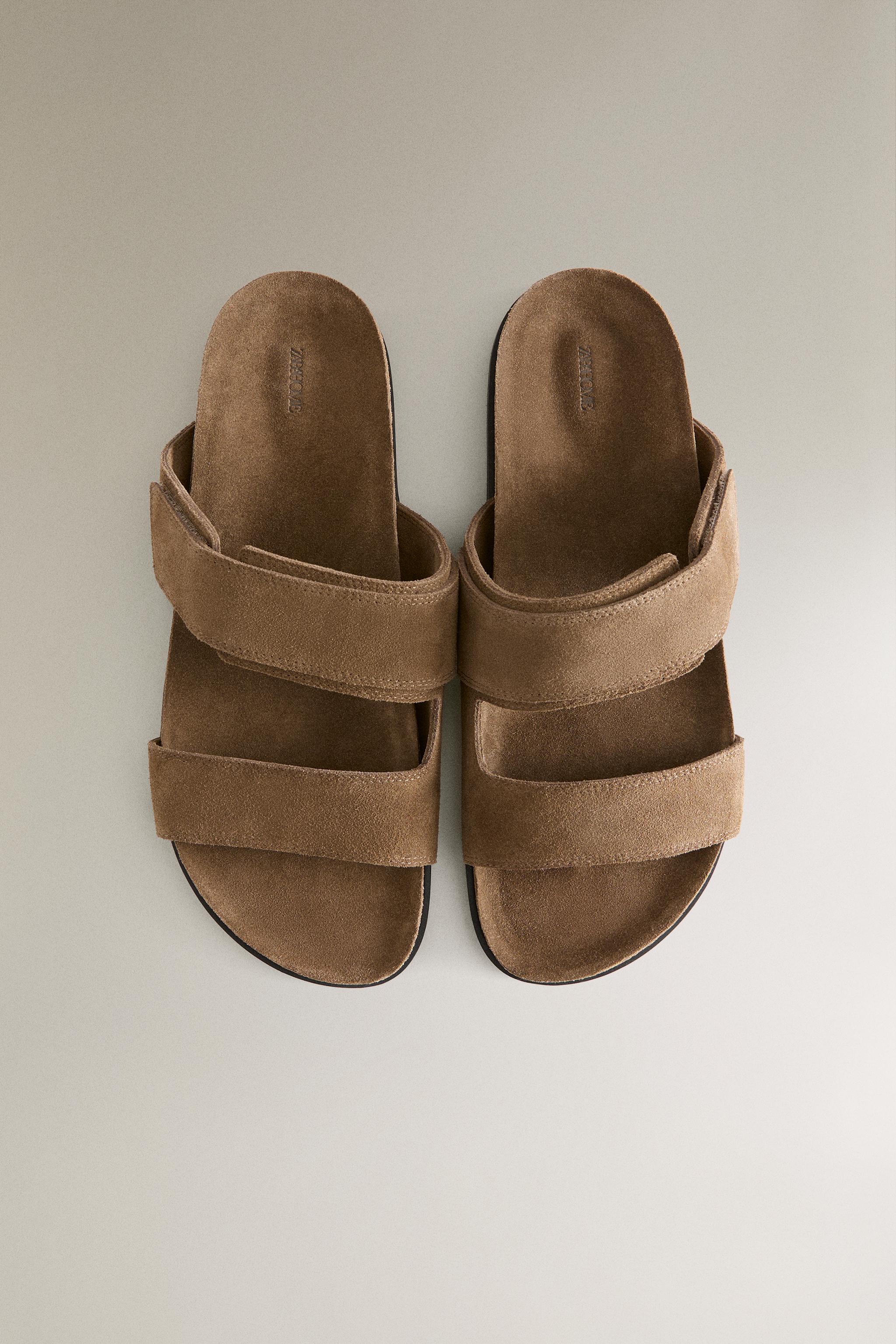Женские сандалии Zara SPLIT LEATHER DOUBLE-STRAP SANDALS — фото 3