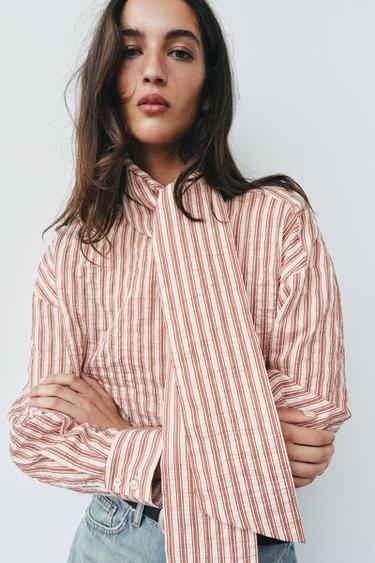 Zara STRIPED TIE-FRONT SHIRT - Ecru / Red