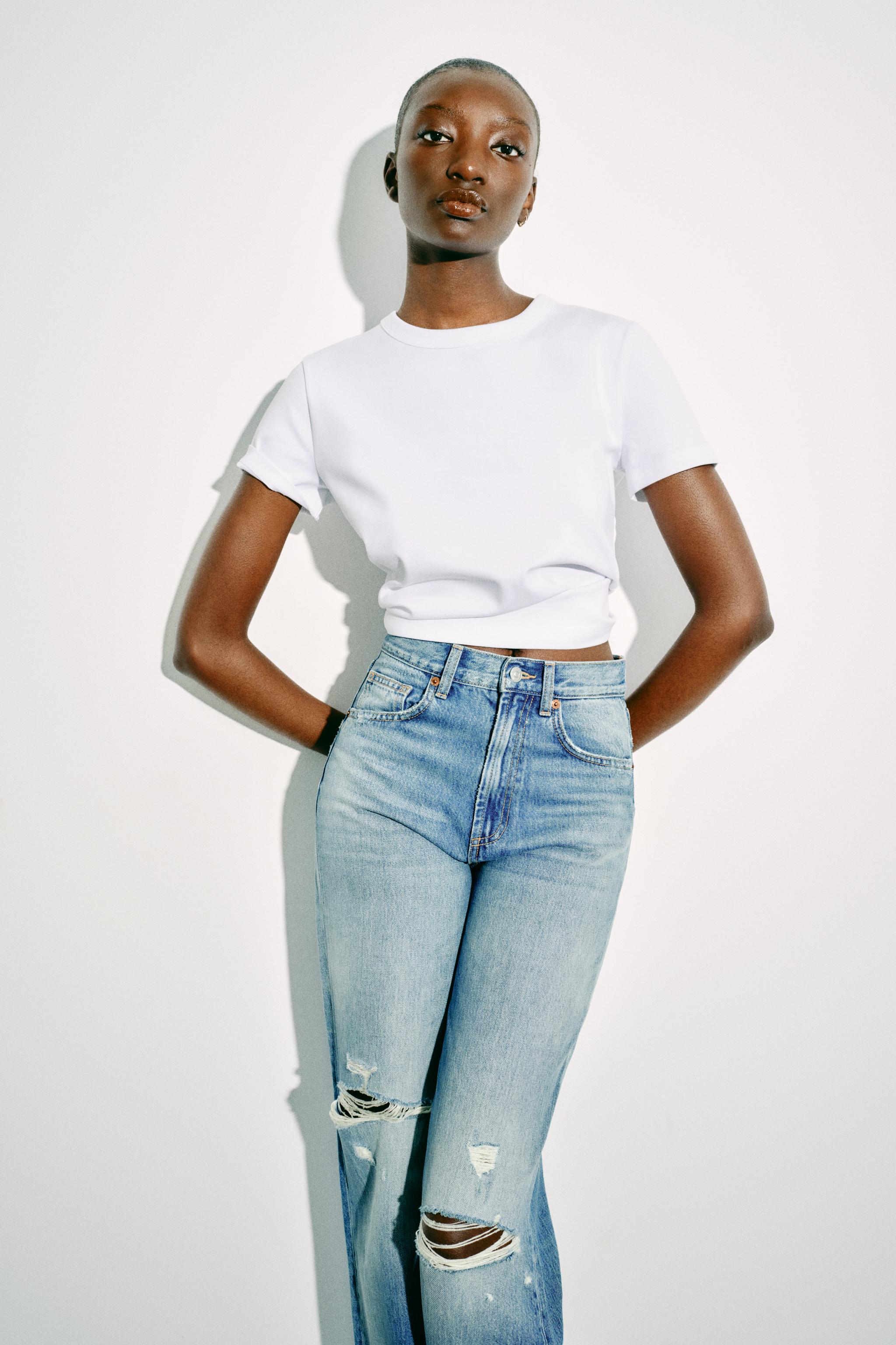 RIPPED HIGH RISE TRF WIDE LEG JEANS - Blue | ZARA United States