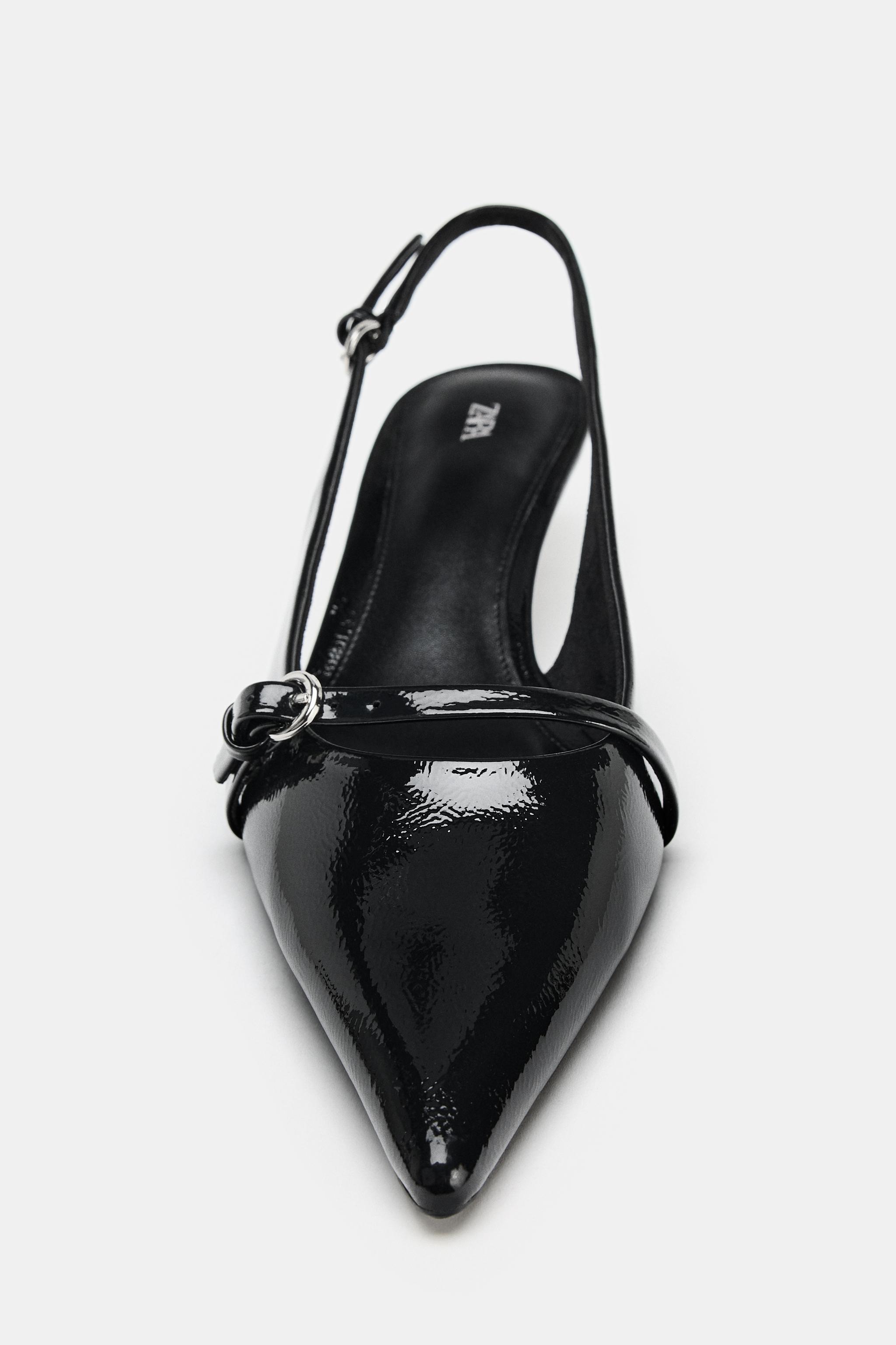 パテント風キトンヒールスリングバックシューズ - ブラック