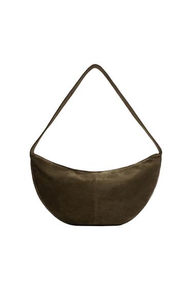 Zara LEATHER SHOULDER BAG - Khaki Green