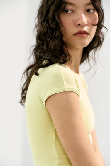 Zara POLKA DOT CROPPED SHORT SLEEVE T-SHIRT - Neon green