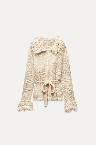 KNIT CARDIGAN WITH FRINGING - Ecru by Zara