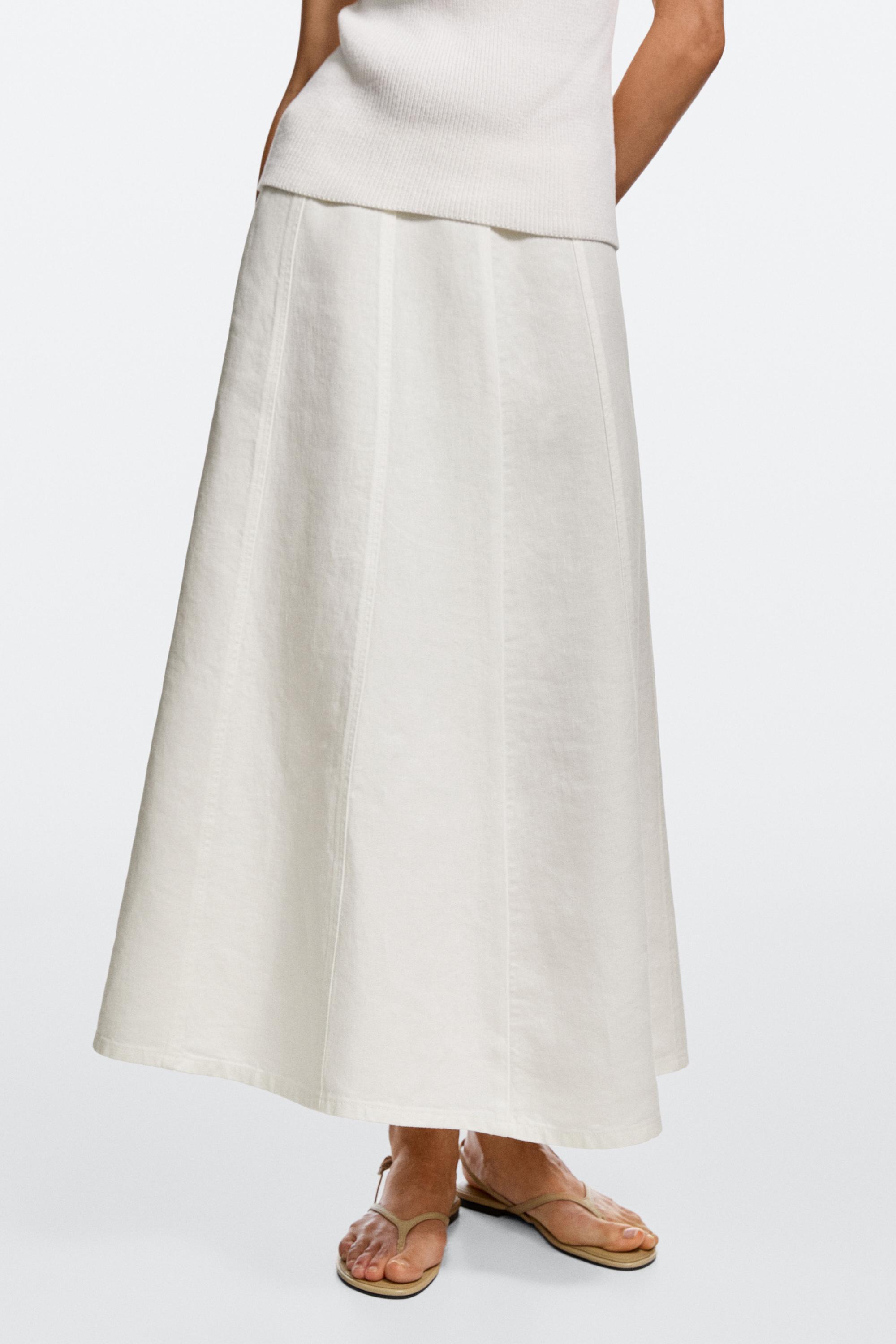 100% linen denim-effect midi skirt — Oyster-white