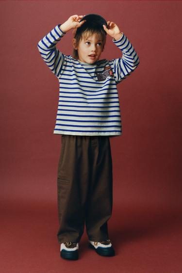 Zara STRIPED PATCH T-SHIRT - Gray / Blue