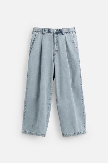 Zara 寬管褶飾牛仔褲 - 淡藍色