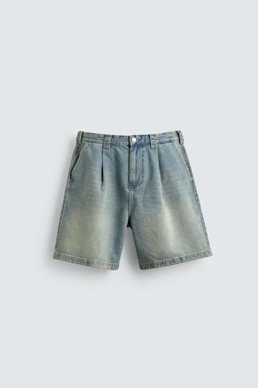 PLEATED BAGGY FIT DENIM BERMUDA SHORTS - Blue by Zara