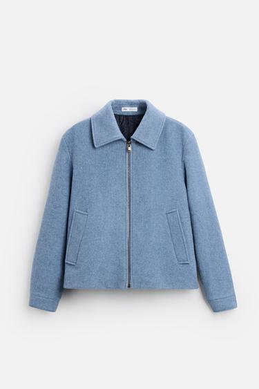 Zara Overshirt made of wool blend fabric. Front zip closure. - Mid-blue