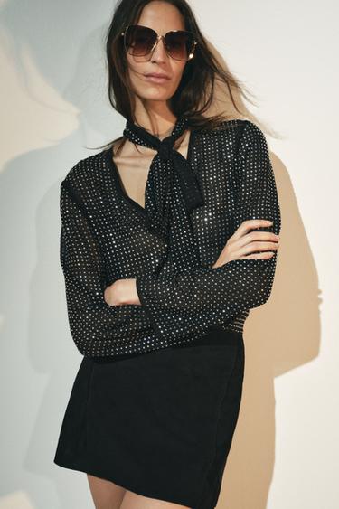 SHINY TIE-NECK BLOUSE ZW COLLECTION - Black by Zara