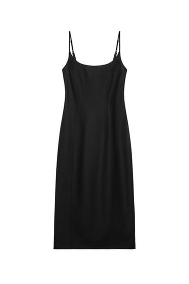 Front view of black dress with spaghetti straps