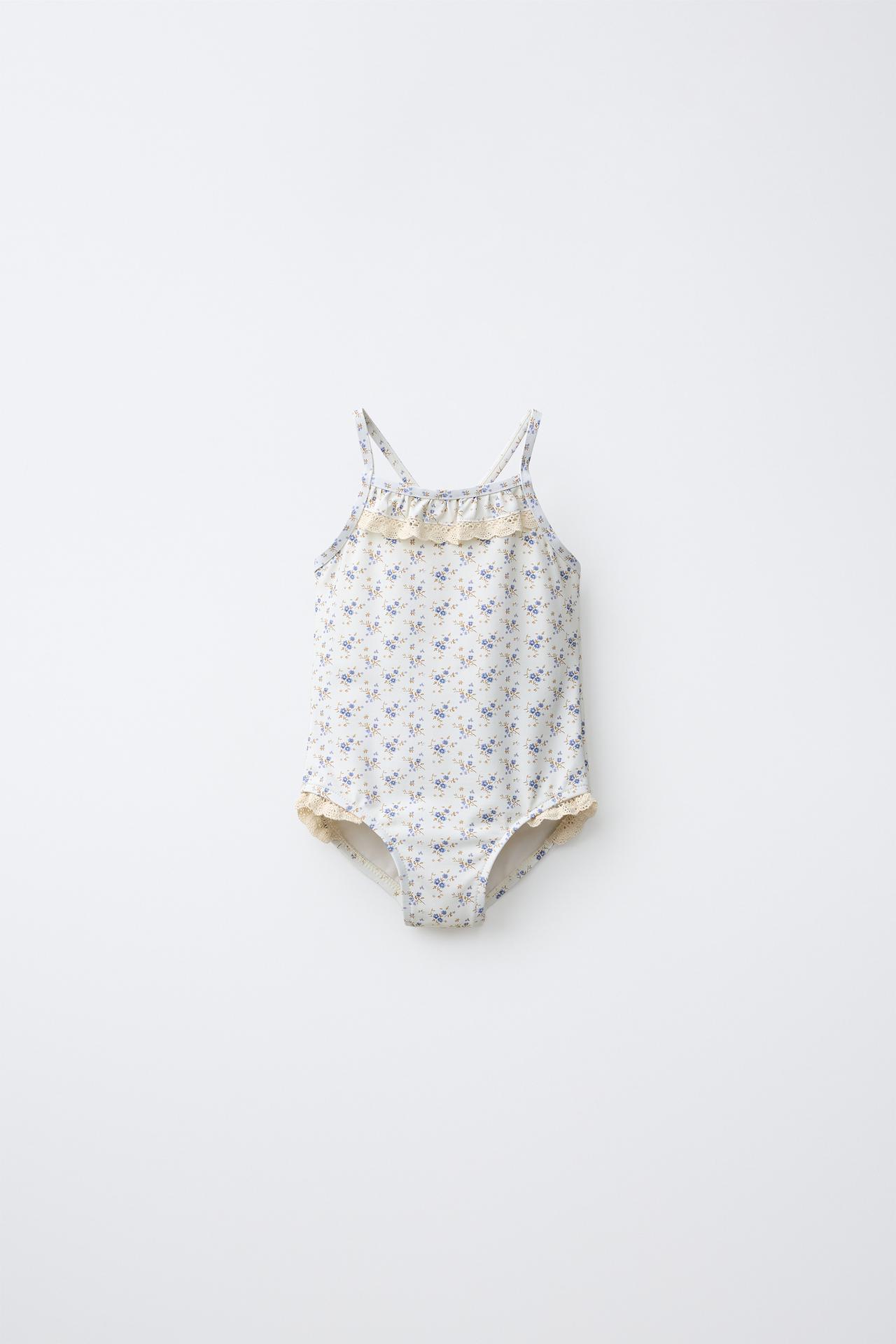 2-6 YEARS/ LACE TRIM FLORAL SWIMSUIT — Beige