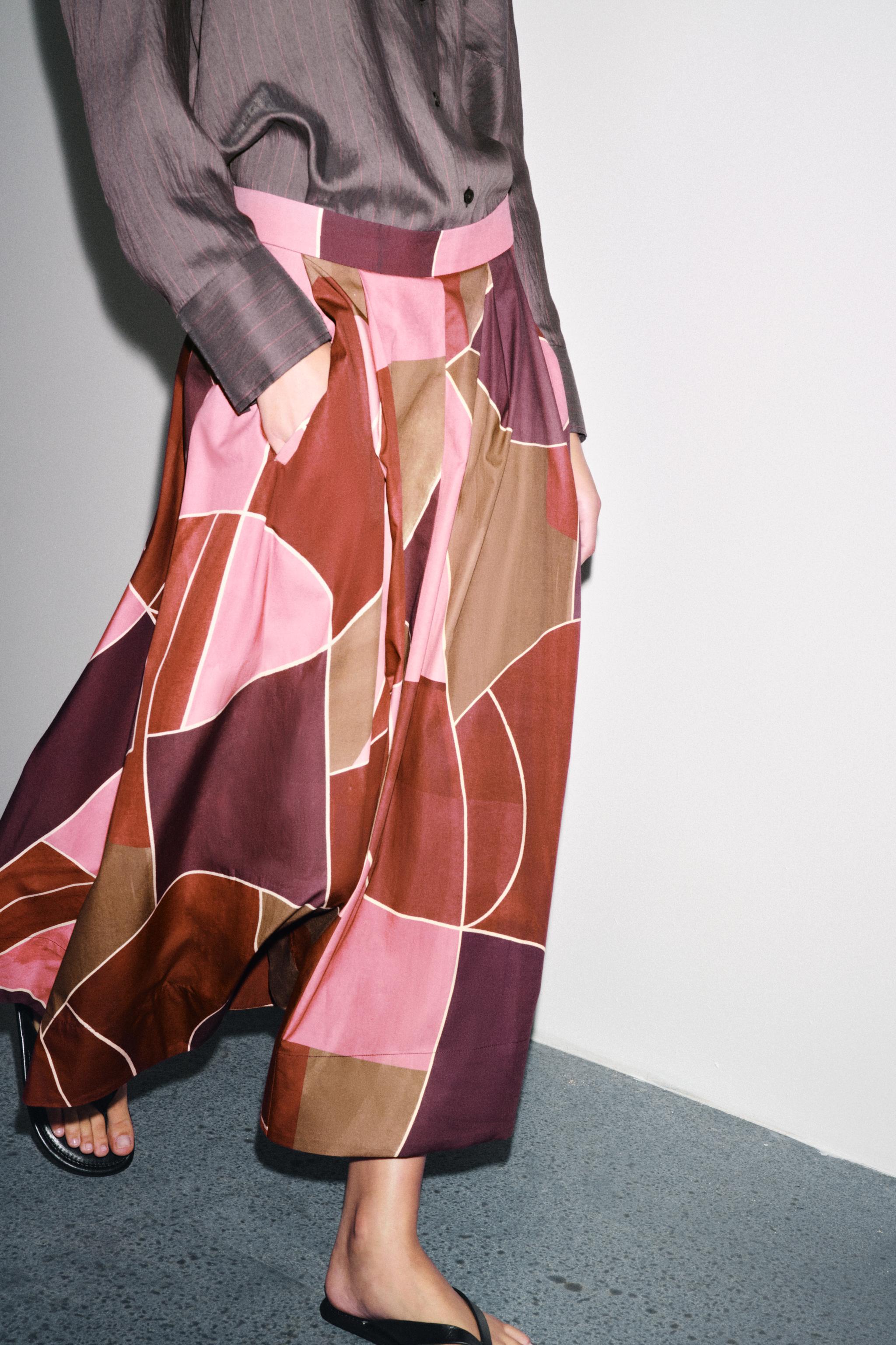 PRINTED MIDI SKIRT ZW COLLECTION - Pink | ZARA United States