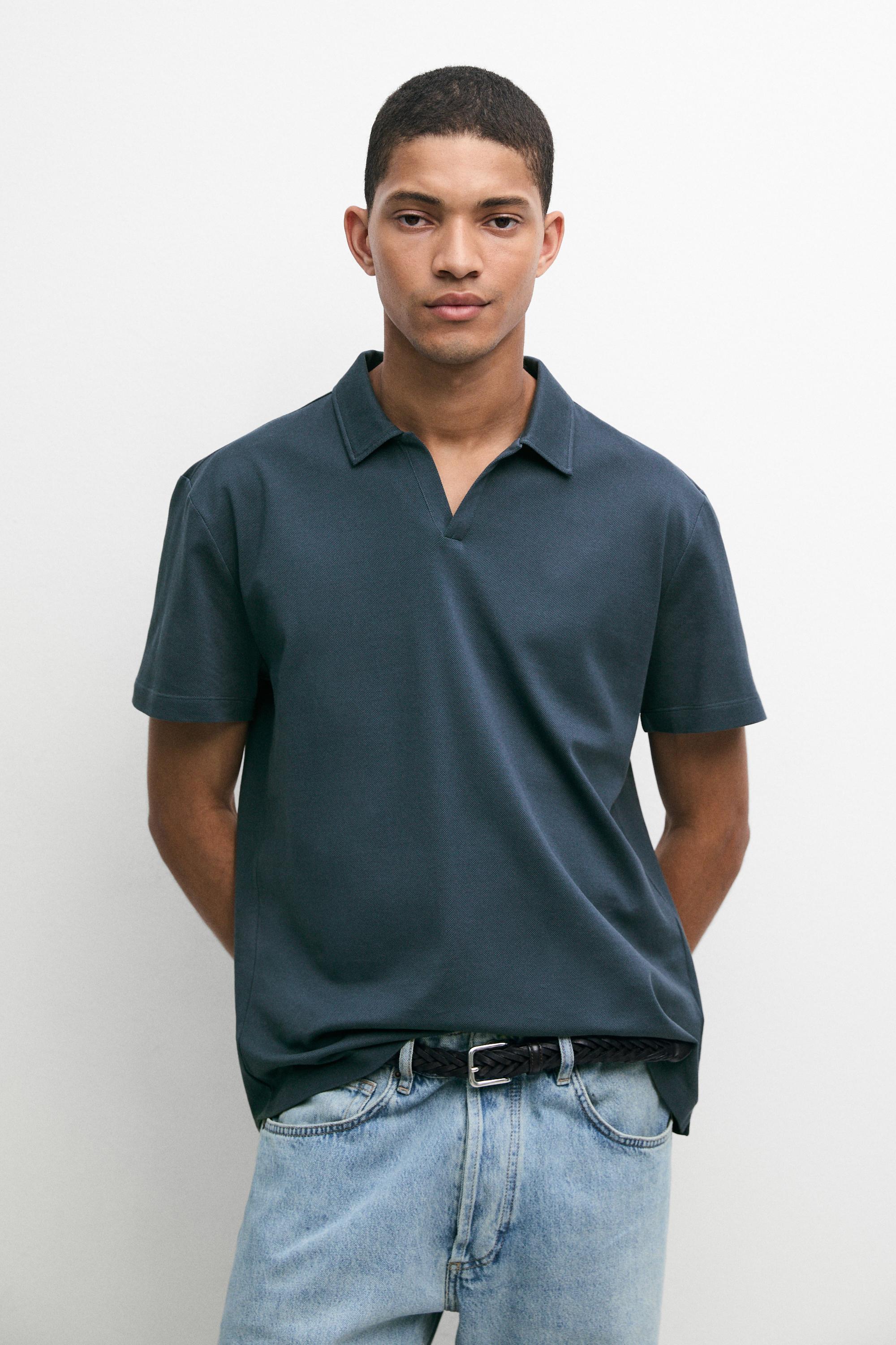 Micro-textured V-neck piqué polo shirt — Blue