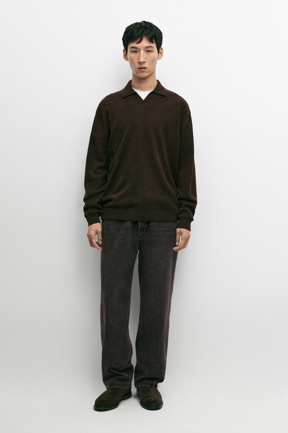 Zara 100% wool knit polo sweater - Brown marl - Image 0